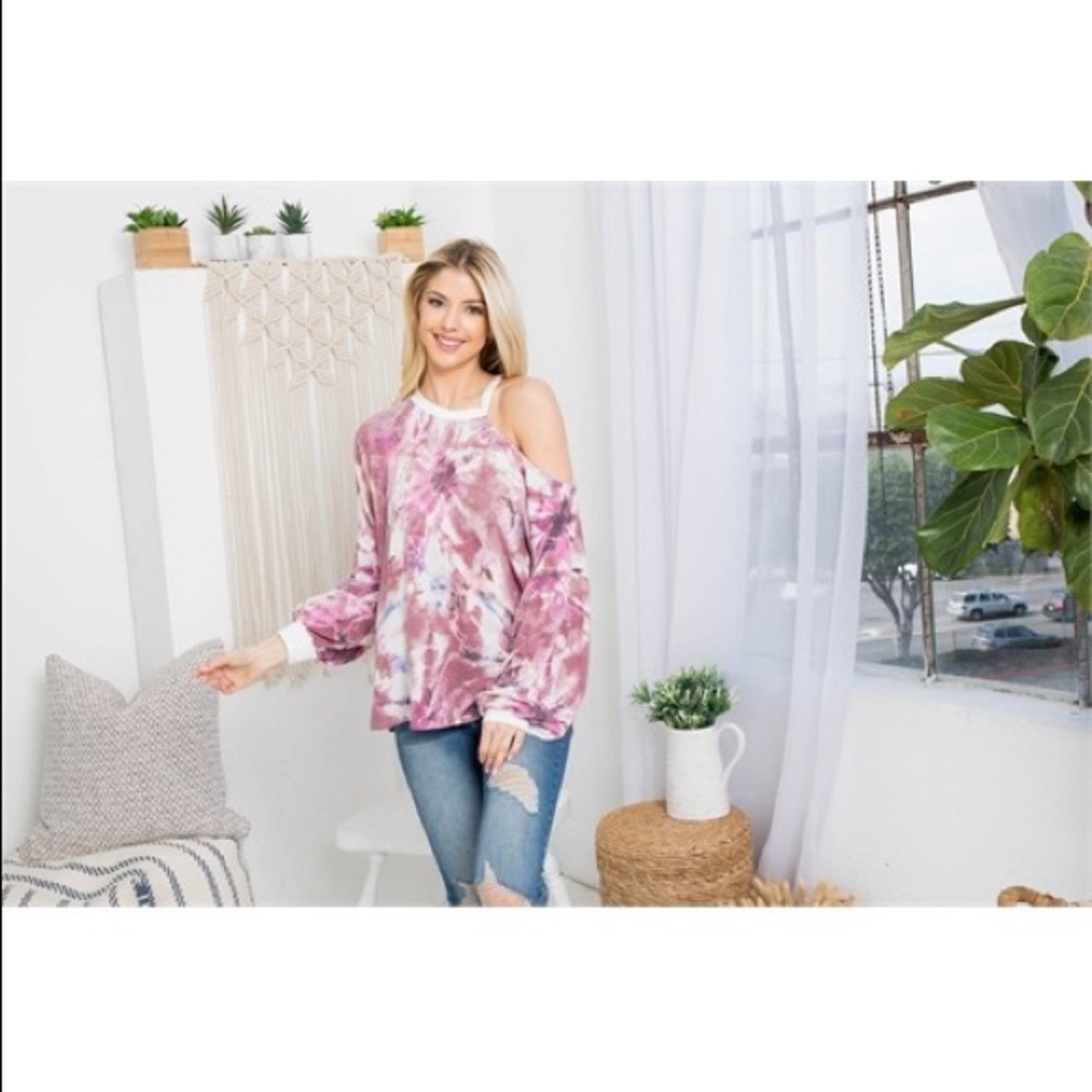MAUVE TIE DYE ONE SIDE COLD SHOULDER CUFFED LONG SLEEVE TOP - Picture 4 of 7